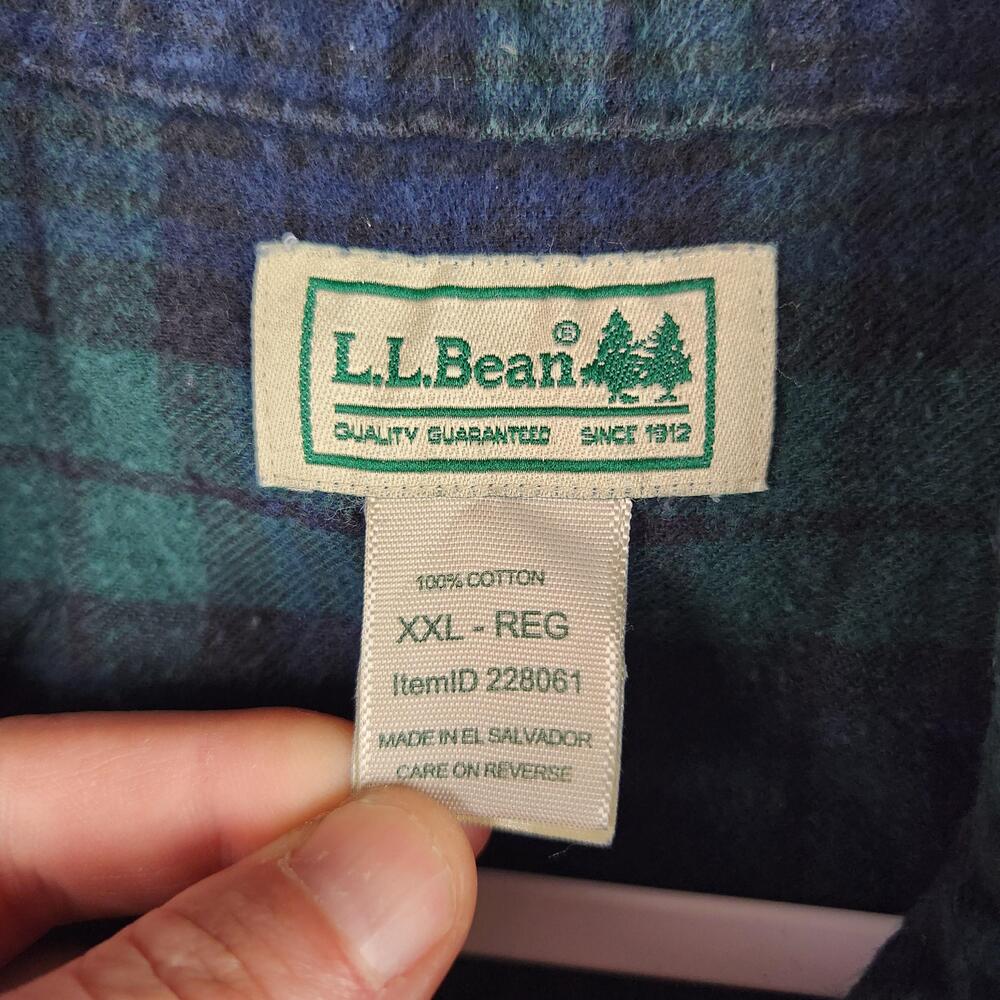 LL Bean Shirt Mens 2XL Green Blue Plaid Flannel Button Down Long Sleeve Pocket